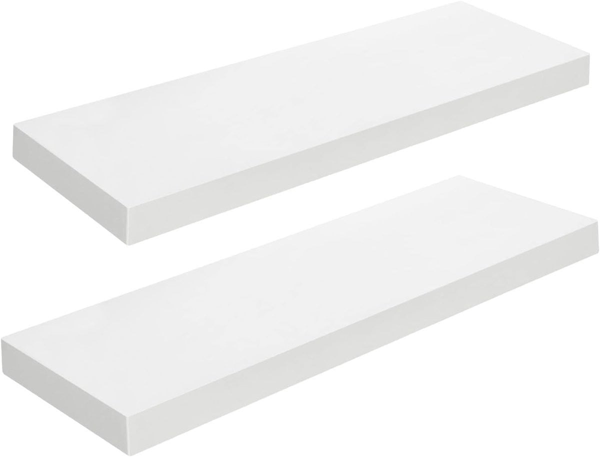 Set van 2 witte zwevende wandplanken van 60 cm met onzichtbare beugels voor badkamer, slaapkamer en keuken