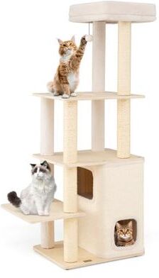 Costway 63 Inch Tall Wooden Cat Tree with 2-Story Condo and Plush Padded Top Perch-Natural