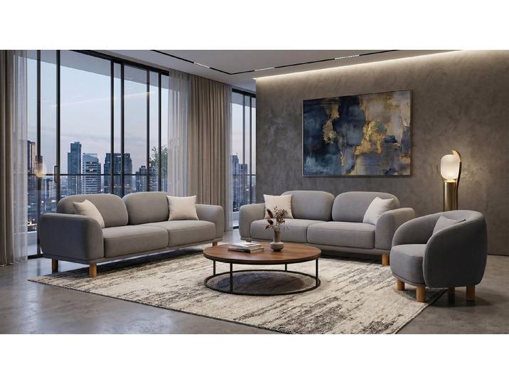 JVmoebel Polstergarnitur Graues Sofa-Set Sofas Stoffsofas und Sessel stilvolle Sofas, (3-tlg), Made in Europa