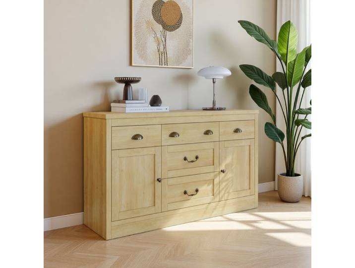 Buffet de salon - Buffet bas 5 tiroirs 2 portes - Buffet de cuisine - Panneaux de particules - Aspect bois - 135x39.8x80 cm
