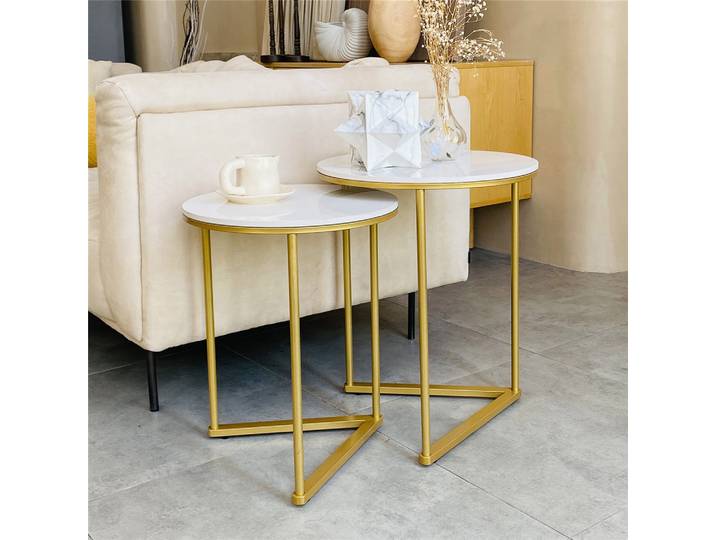 Ensemble de nidification de base en métal en marbre rond moderne, petite table d'appoint, rangement de salon, ensemble de 2, marbre et or