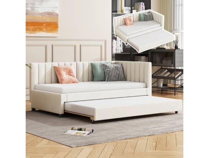 Lit multifonctionnel - Canapé-lit gigogne - 90x200 cm - Velours beige - 1 place