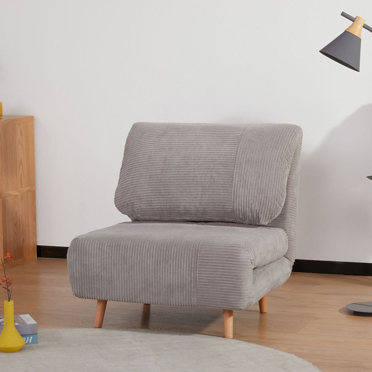 MODFU Slaapfauteuil met verstelbare rugleuning en slaapbank in lichtgrijs met hout