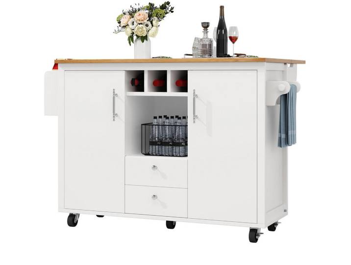 Modfu Kücheninsel 137.9x73x92cm aus MDF/Metall mit Klapptisch & Weinregal, Weiß, 137.9x92x73 cm, Küchen, Küchenmöbel, Kücheninseln