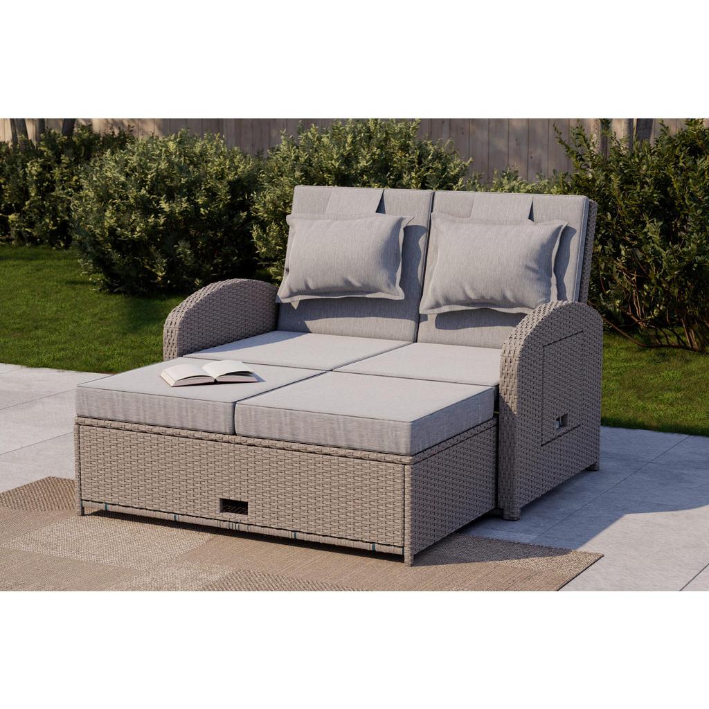 Ambia Garden Loungesofa , Grau , Metall, Kunststoff, Textil , Füllung: Schaumstoff,Baumwolle (recycelt),Schaumstoff , einzeln stellbar , 126x110x95 cm , ausziehbarer Hocker , Gartenmöbel, Loungemöbel, Outdoor-Sofas