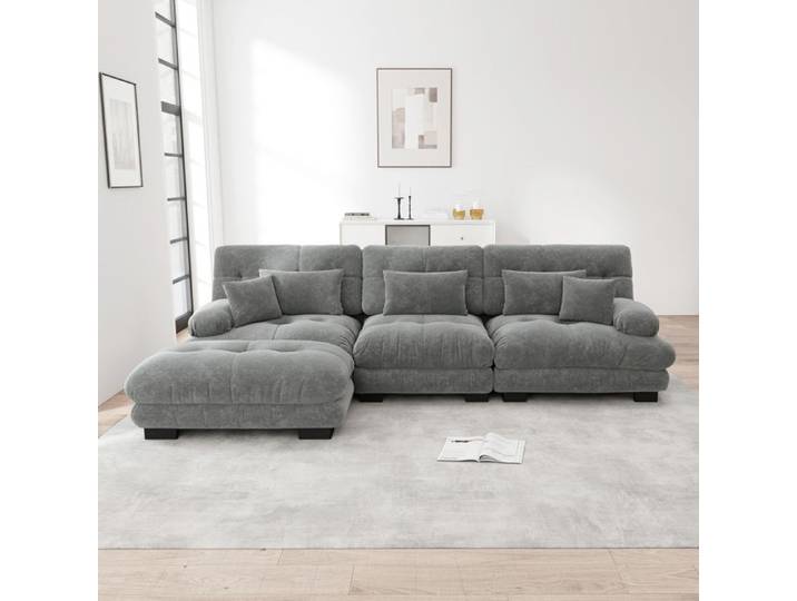 Canapé d'angle modulaire - Gris - Chenille - 313x145x81 cm - Canapé-lit - Ottoman inclus - Design modulaire