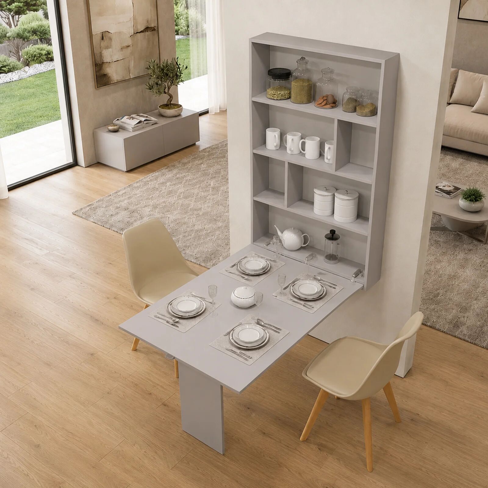 garneroarredamenti Tavolo da muro pieghevole 135x203cm a scomparsa con scaffale beige cashmere Hope