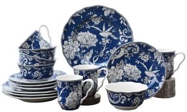 222 Fifth Adelaide 16-Piece Porcelain Dinnerware Set with Round Plates, Bowls, and Mugs, Dark Blue