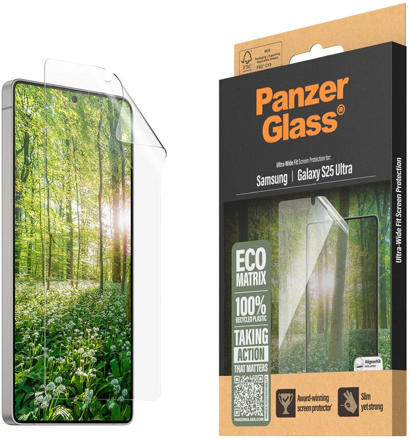 Samsung Galaxy S25 Ultra PanzerGlass Eco Matrix Beskyttelsesglas - Ultra Wide Fit - Alignerkit - Platinum Strength - Gennemsigtig