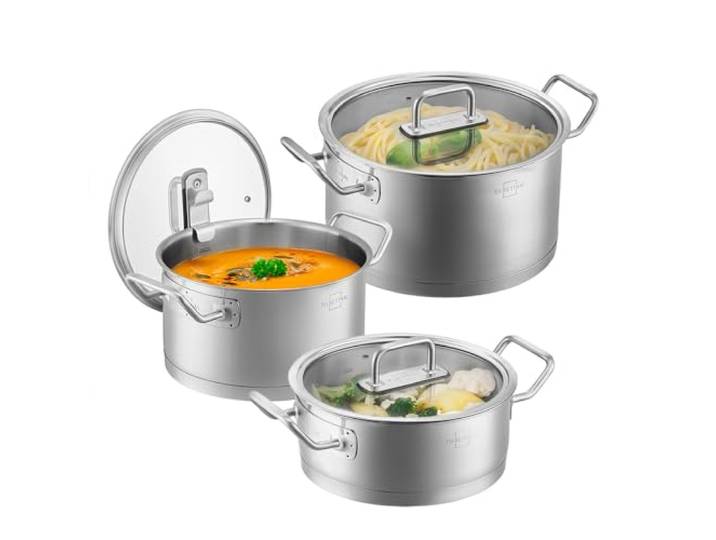 SILBERTHAL Topfset 3-teilig Edelstahl Induktion mit Glasdeckel, Kochtöpfe Drei Größen für Suppe, Nudeln und Eintopf, mit Messskala. Sichtbares Garen, auf jedem Herd, ofenfest