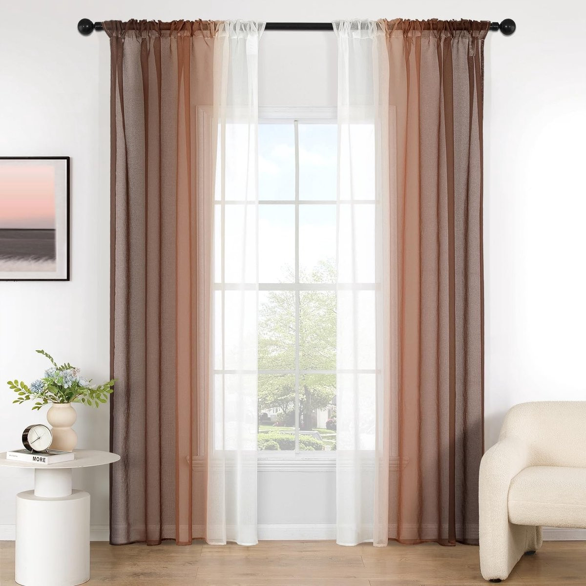 Set van 2 translucente gordijnen in licht koffiekleur van Omgoods, 140 x 280 cm