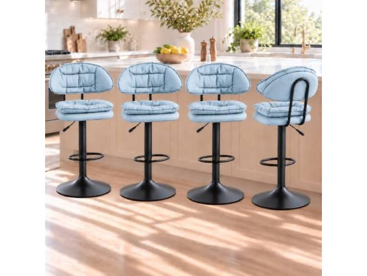 JS Ellie 2er-Set Drehbare Barhocker mit Rückenlehne, Ergonomisches Design Gepolsterter Stoffbezug, Höhenverstellbar, Für Kücheninseln, Bars, Cafés und Restaurants(Sky Blue,set of 4)