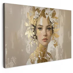 LEINWANDBILD Gesicht - Frau - Blätter - Gold Wanddeko 90x60 cm