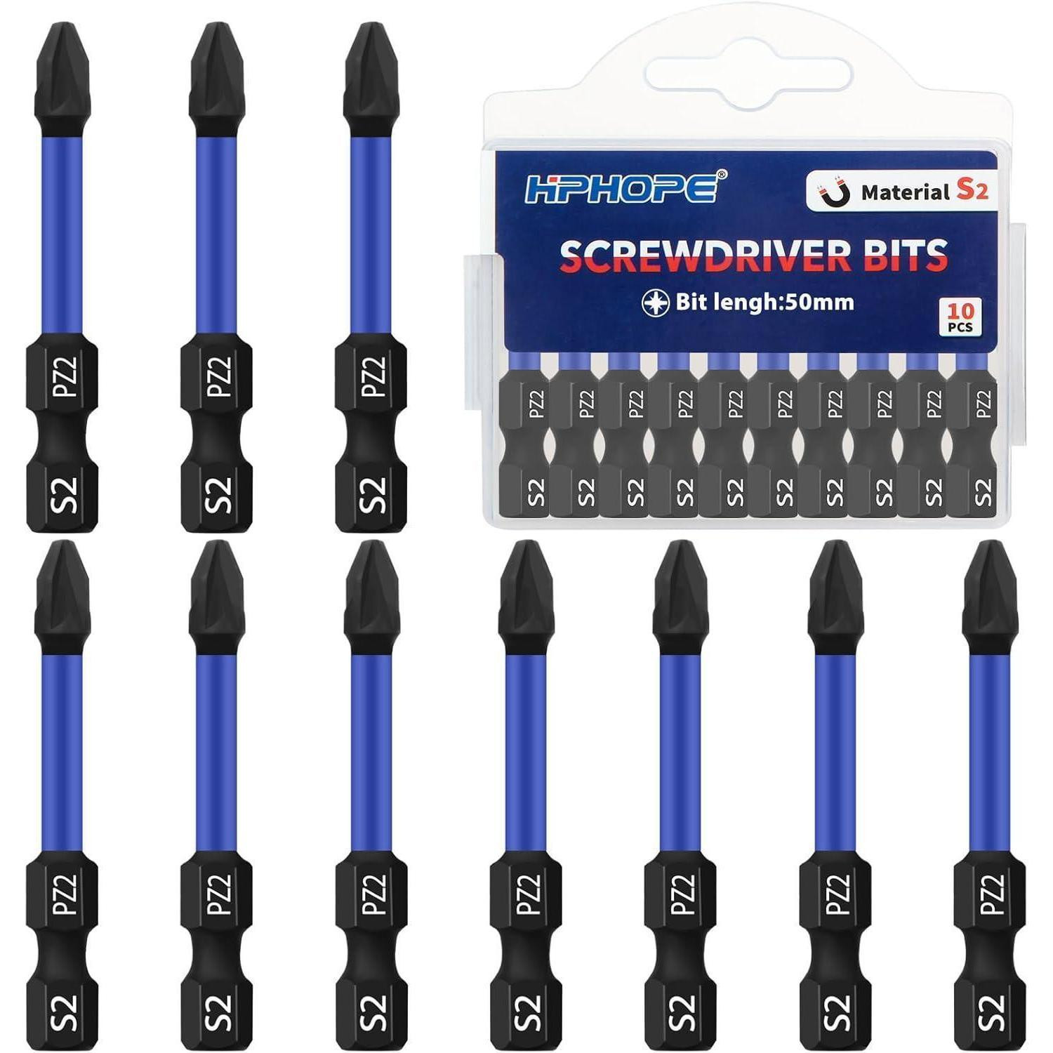 HPHOPE PZ2 Bit-set van 10 stuks, 50 mm lengte, magnetisch S2 staal