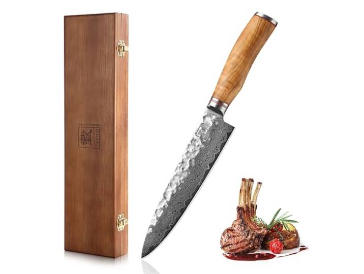 zayiko Minami Chefmesser Damast, Damastmesser mit 20 cm Klinge in Holzbox Kochmesser aus 67 Lagen Damaststahl mit VG10-Kern (60±2 HRC), Hammerschlag, 15° V-Schliff, Olivenholzgriff