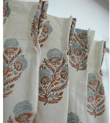 Fabdivine Pleated Curtain Linen Block Print Drapery Panel Green Floral Window Treatment Bohemian Farmhouse Décor, Mohini