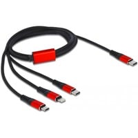 USB Ladekabel, USB-C Stecker > Micro-USB + USB-C + Lightning Stecker schwarz/rot, 1 Meter, gesleevt, nur Ladefunktion