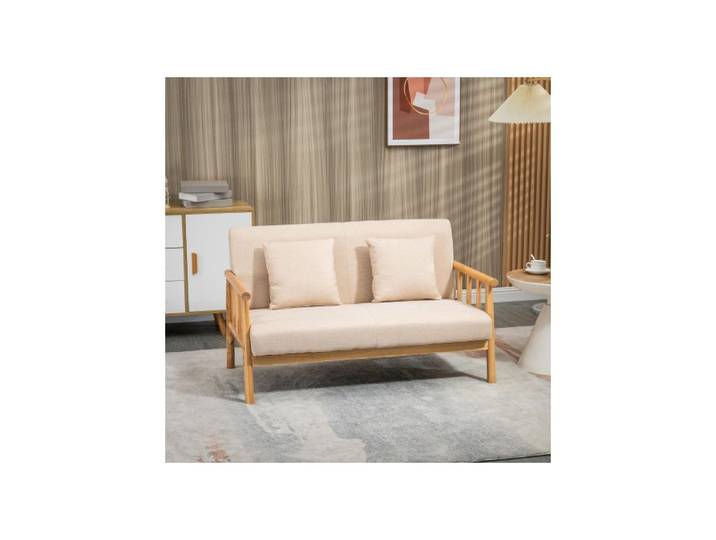 Canapé 2 places - SOGEU - Petit Canapé - 123x69x74 cm - Beige effet lin - Cadre bois massif