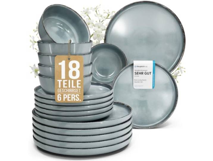 Steingut Geschirrset 6 Personen Rustic 18 tlg. Hochwertiges Landhaussttil Steingut Geschirr Set, Schüssel- und Teller Set, Tafelservice 6 Personen, Geschirrsets Pure Living in Rauchblau