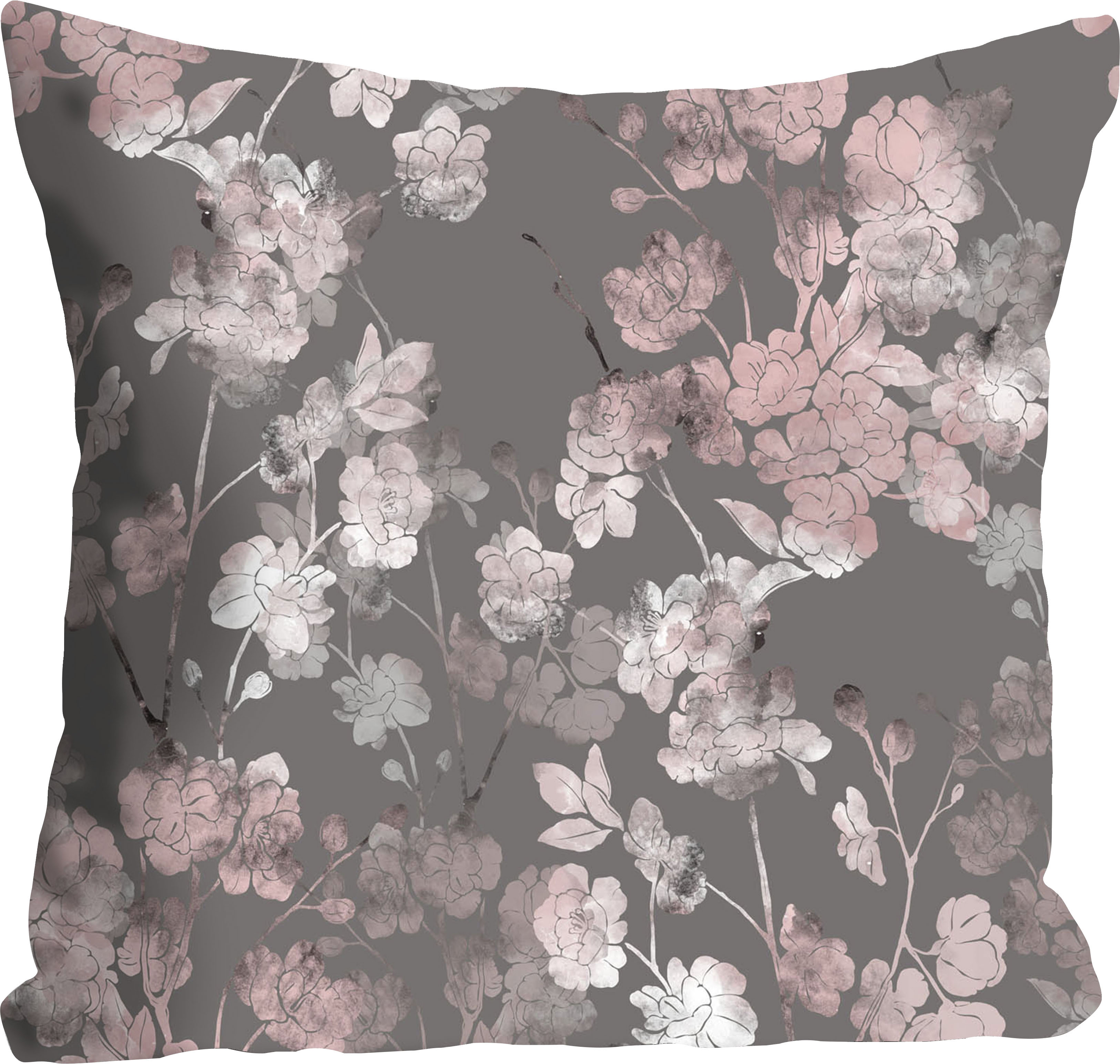 Dekokissen QUEENCE "Christoph", braun (taupe, lila, bedruckt), B:40cm L:40cm, Polyester, Dekokissen_Sitzkissen_Kissenhüllen, Dekokissen, Kissenhülle,Pastellfarbene Blumen,Florales Design,Zart,Farbenfroh taupe, lila, bedruckt B/L: 40cm x 40cm, 1 Stk.