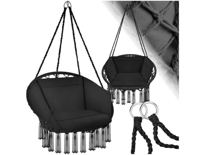 tectake 800708 Hängesessel zum Aufhängen, Indoor und Outdoor, Ø Sitzfläche: ca. 60 cm, robuste Konstruktion, inkl. großem weichem Kissen - Diverse Farben - (Schwarz Nr. 403203)