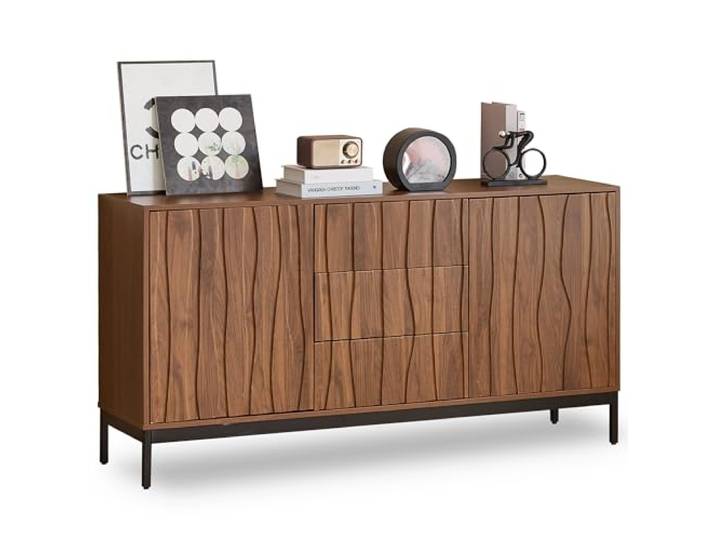 Merax Sideboard, Küchenschrank mit 3 Schubladen, 2 Türen, Verstellbare Einlegeböden, Aufbewahrungsschrank, Eiche Dunkel Gemasert, Kücheninsel für Küche, Wohnzimmer, Bartheke, Flur, Kommode (Natural)