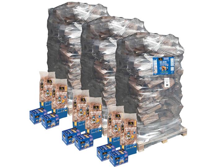 Lot de 3 packs WOODSTOCK Bois bûche 30cm ballot 2000dm3 + 6 sacs bois d'allumage de 20L+ 6 boîtes d'allum'express