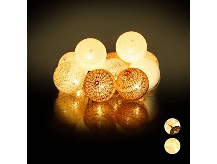 Relaxdays LED lichtsnoer met 10 ballen, katoen, op batterijen, sfeerverlichting, Ø 6cm, met schakelaar, wit-grijs-bruin