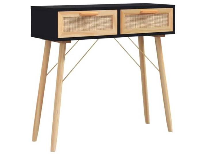 GHVBNMF Konsolentisch Schwarz 80x30x75 cm mit 2 Schubladen Rattan Schmaler Sideboard Tisch fuer Flur und Wohnzimmer mit Natur-Rattan Fronten und standfesten Massivholzbeinen.