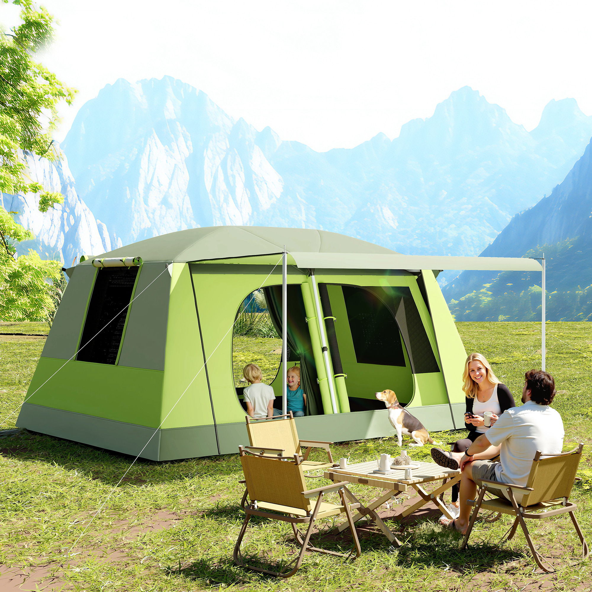 Outsunny Tenda da Campeggio a Tunnel per 4 Persone con 2 Stanze, Tenda Campeggio Familiare Impermeabile 3000mm con Porta, Finestre Laterali e Tasche, 405x305x225cm, Verde   Aosom Italy