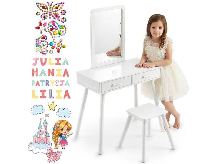 Coiffeuse pour enfant - GREEN SERIES - Green Series - Miroir sécurisé - Tabouret inclus - Tiroirs et autocollants