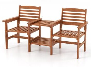 Costway Outdoor Patio Wood 2-Seat Conversation Set with Coffee Table and Umbrella Hole