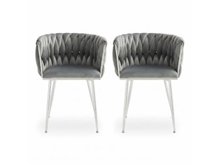 FurnitureR 2er Set Esszimmerstühle, Grau, Flechtdesign, Metallbeine Grauer Samtlook, Flechtrücken und silberne Metallbeine bieten Komfort, Stabilität und eine elegante Optik