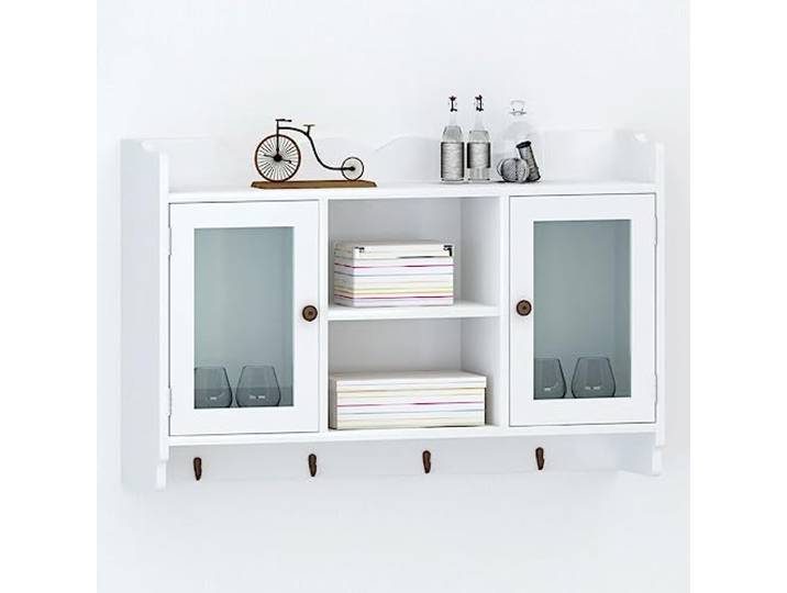KTHLBRH Hängevitrine mit Glastüren für Trophäen, Bücher und Sammlerstücke, Wandschrank mit Haken zum Organisieren von Jacken und Taschen,