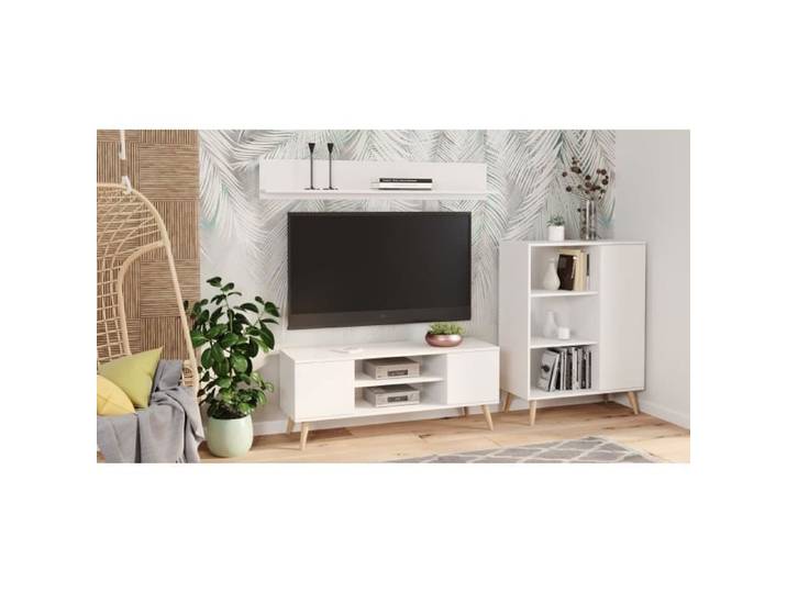 Meuble TV FOCUS 155 cm Armoire TV scandinave pieds en bois blanc mat