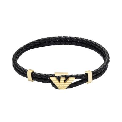 Lederarmband EMPORIO ARMANI "Schmuck Geschenk Edelstahl, Leder", schwarz (gelbgoldfarben, schwarz), Armbänder, Damen, 21cm, Edelstahl Leder, Edelstahl, Leder, Lederarmband