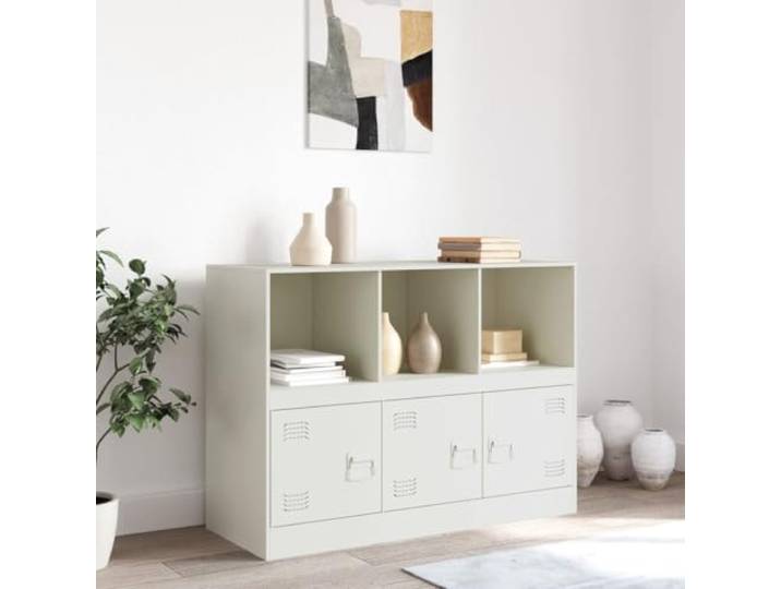 KTHLBRH Sideboard mit 3 Einlegeböden, weiß, 99 x 39 x 73 cm, Stahl 3 Fächer mit Türen, Griffe aus Metall, Kapazität 90 kg, leicht zu reinigen