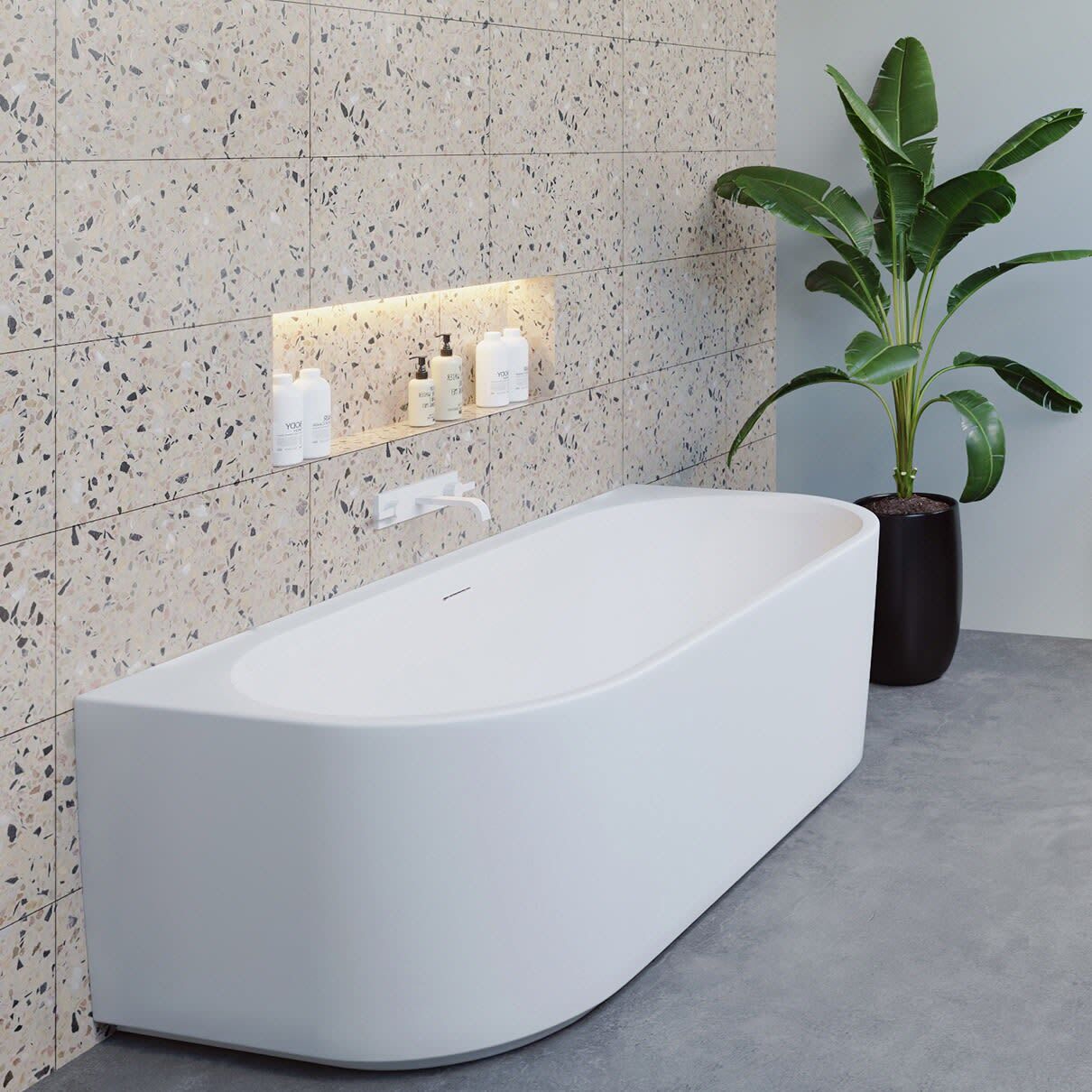 Riho Desire Back-2-Wall Vorwand-Badewanne 180 x 84 cm mit Riho Fall und LED Beleuchtung