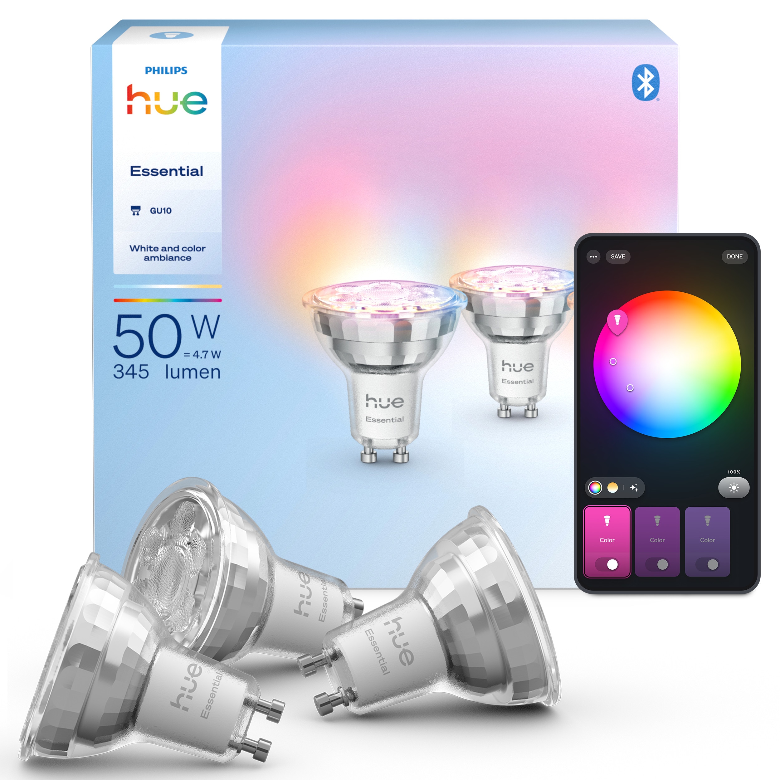 Philips Hue Essential smarte GU10 LED Lampe, Weiß und Farbig, 4,7 W, 2200K-6500K, dimmbar, funktioniert mit gängigen Smart-Home-Assistenten, 3er Pack 8721103055330