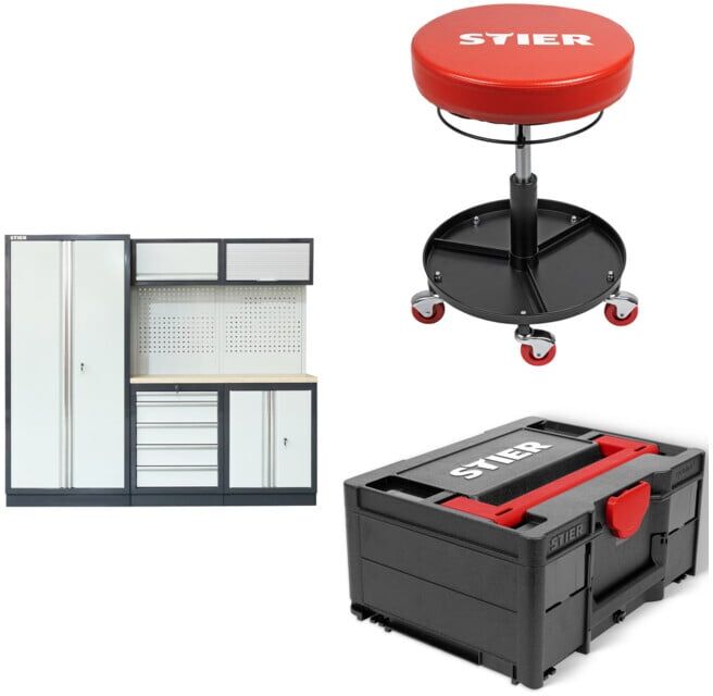 Set STIER Werkstatteinrichtung Basic 3-teilig mit Lochwand und Multiplex-Arbeitsplatte BxTxH 2275x460x2000mm + Systainer³ II Black Edition + Arbeits-Sitz für Werkstatt