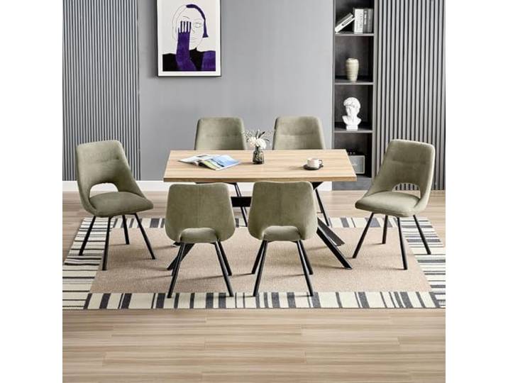 LEWE Essgruppen Rechteckig Esstisch aus Holz mit 6 Drehbare Stühlen 140 x 80cm Esstisch mit Gepolsterte Esszimmerstühle, Drehbar 360°,Breitere Sitzfläche, für Küche Esszimmer und Wohnzimmer