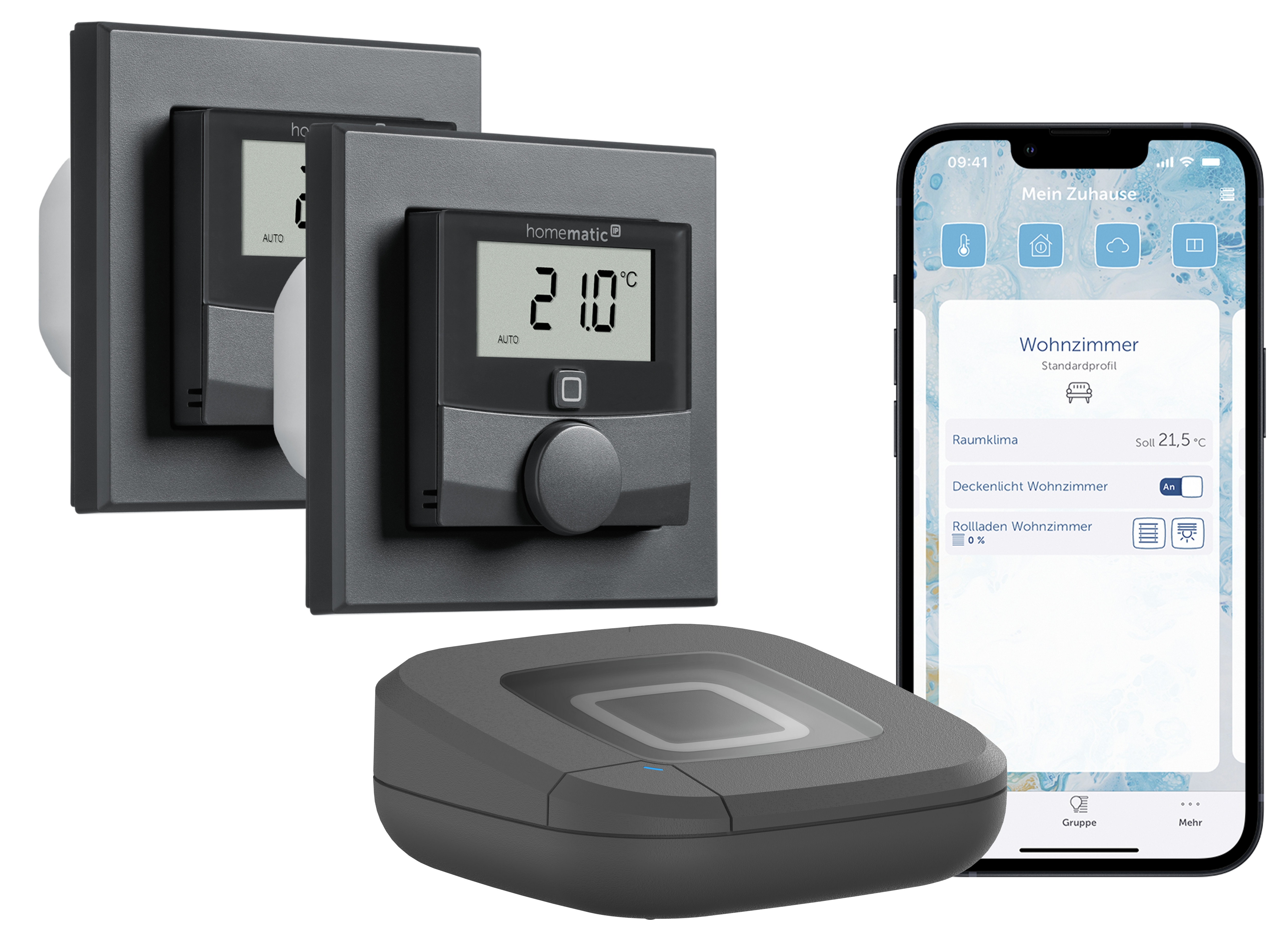Homematic IP Starter Set Fußbodenheizungssteuerung • für 2 Räume • anthrazit 2x HmIP-BWTH-A + HmIP-HAP2-A