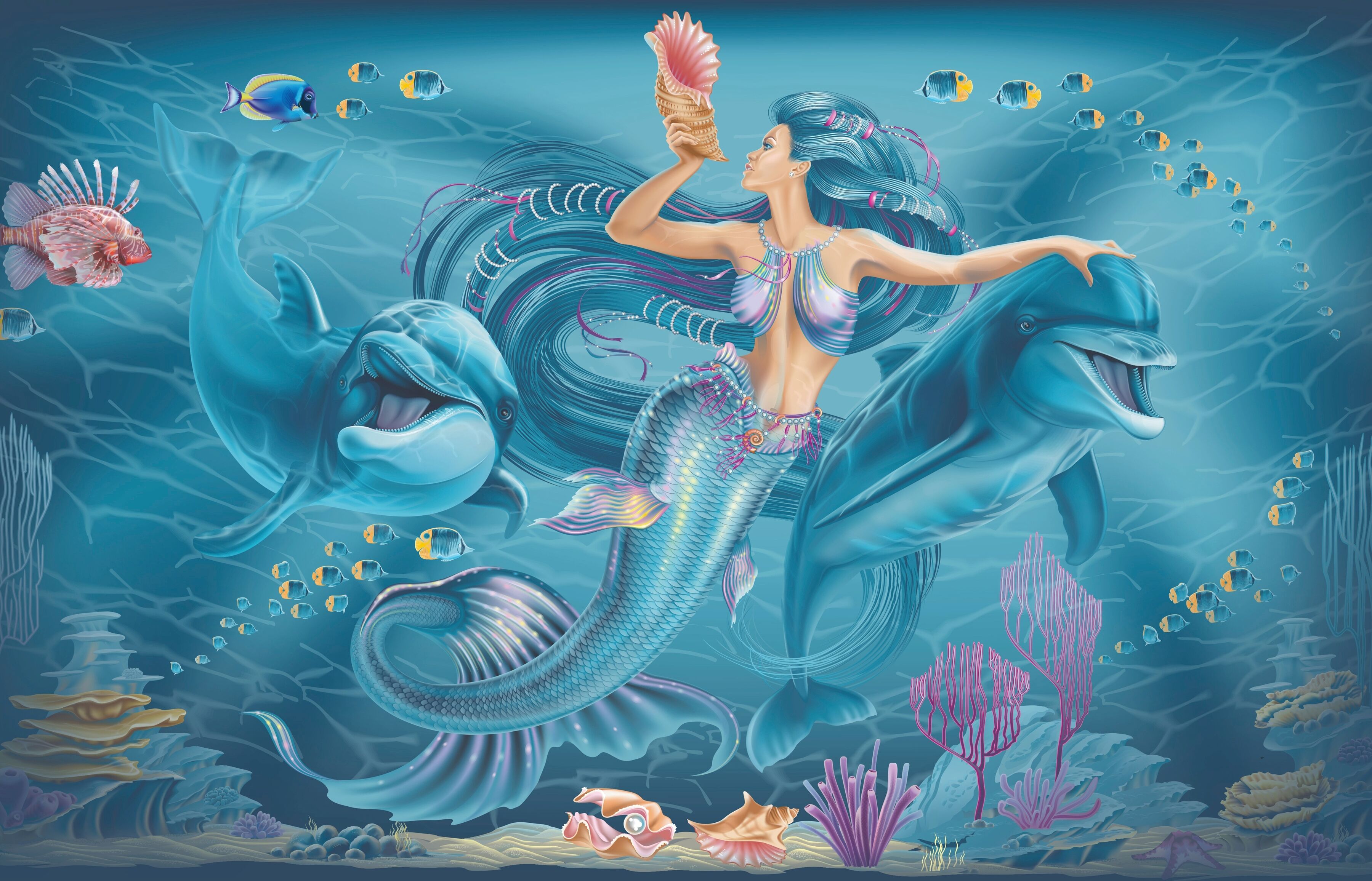 Fototapete PAPERMOON "MEERJUNGFRAU-ABSTRAKT DESIGN DELFINE FISCHE OZEAN SEE", bunt, B:5m L:2,8m, Vlies, Tapeten, Fototapete bunt B/L: 5m x 2,8m, Bahnen: 10 Stk.