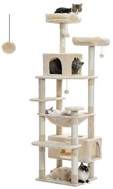 PetsAreLife Indoor Cat Tower, Large Cat Tree With Sisal Scratching Posts, Spacious Hammock, Padded Perches And Multi Level Condos beige 184cm