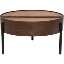Runder Couchtisch aus dunklem Walnussholz und schwarzem Metall mit drehbarer Platte und Aufbewahrung D80 cm YOLINE
