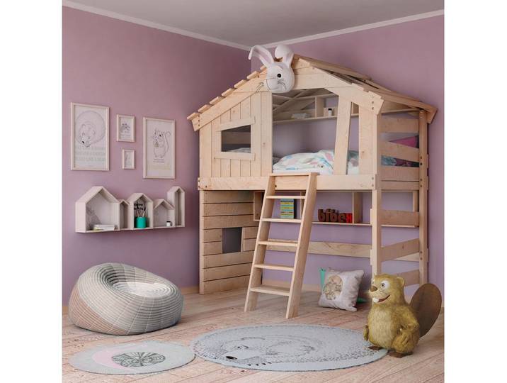 bibex Hochbett ALPIN CHALET Hochbett, Kinderbett, Etagenbett, Hausbett - natur 90x200