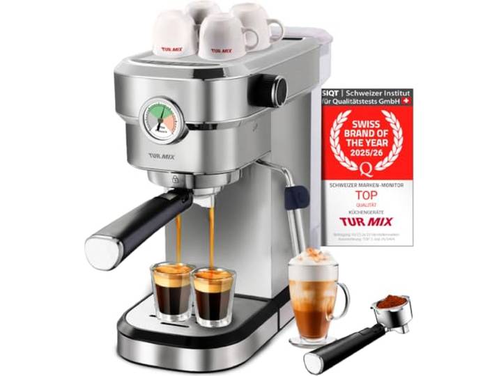 Turmix Espressomaschine TX 590 - Siebträgermaschine Edelsthal, 20 Bar-Kaffeemaschine mit milchschäumer, 17 cm breit, 1350W 1,1L Wassertank, Beheizte Tassenabstellfläche