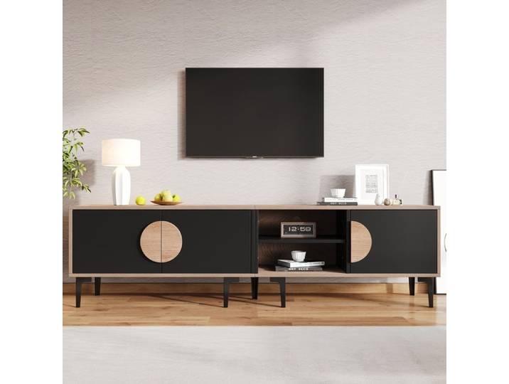 Meuble TV bas 180x35x49 cm Meuble de rangement salon en bois avec 3 portes 2 compartiments pour télé 80 pouces