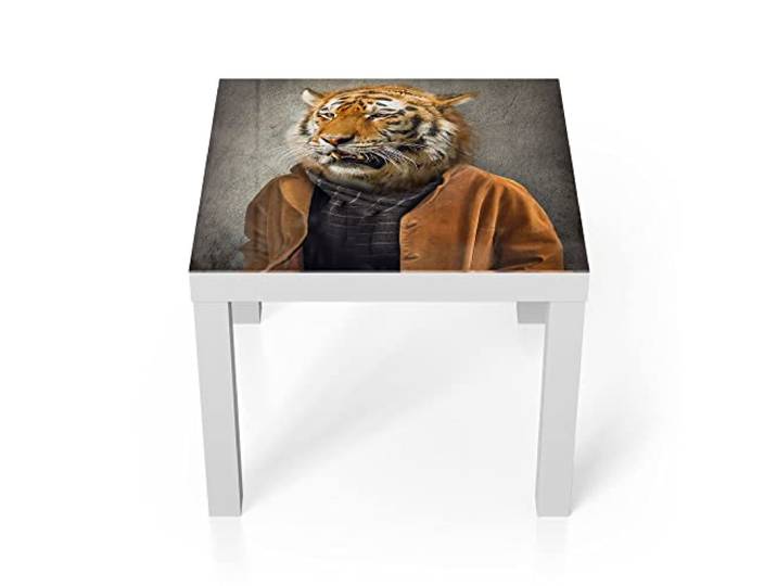 DEQORI Glastisch weiß klein 55x55 cm Motiv Tiger in Menschengestalt ausgefallener Beistelltisch aus Glas Hochglanz Couchtisch fürs Wohnzimmer moderner Couch Tisch mit Design