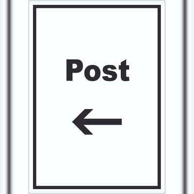HB-Druck Post Aufkleber mit Text und Richtungspfeil links Annahme Brief Paket hochkant A7 (74x105mm)